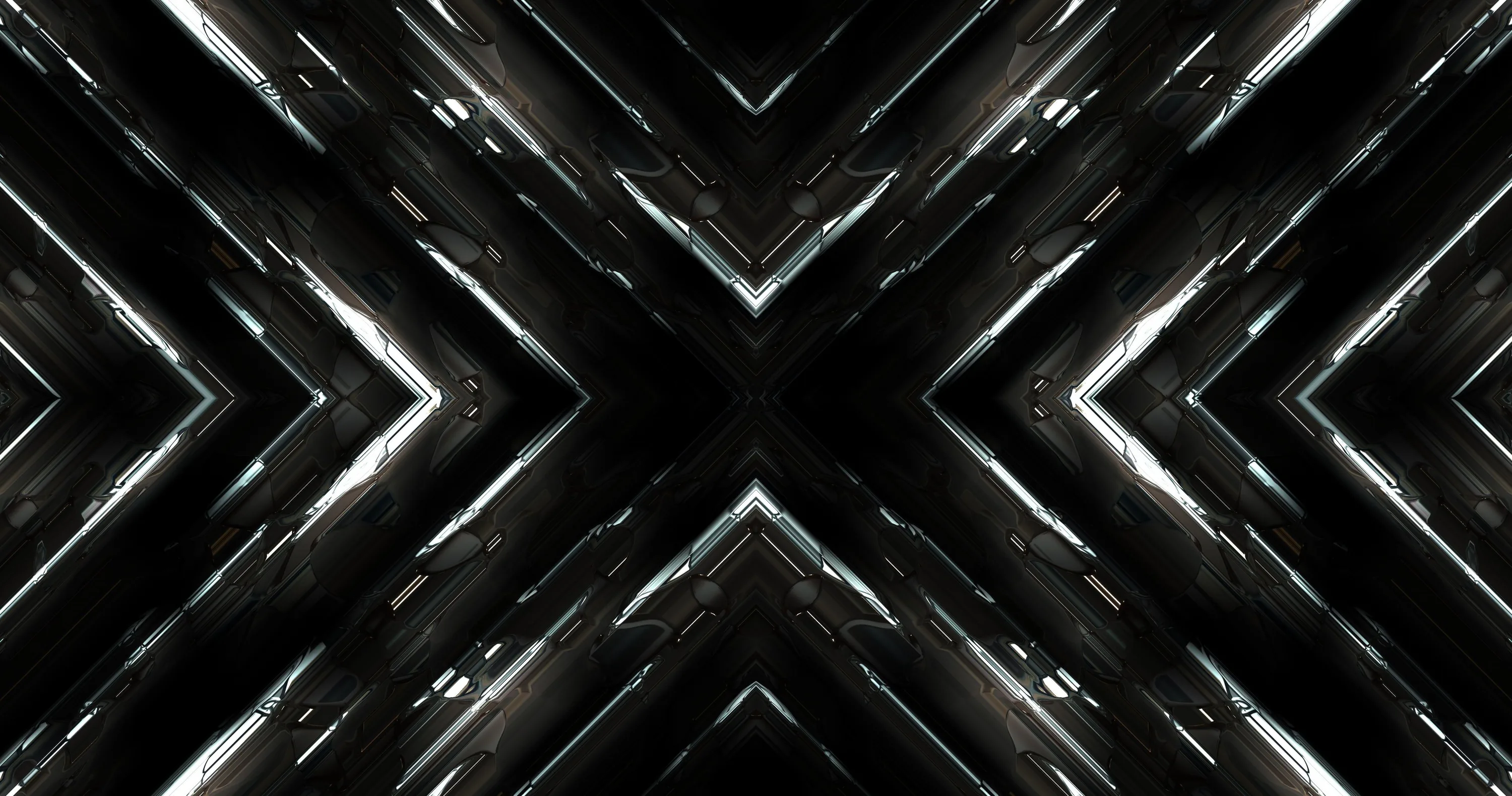Polished silver chevrons meet at the centre and taper away in both directions, forming a mirrored tunnel with bright highlights along every ridge.