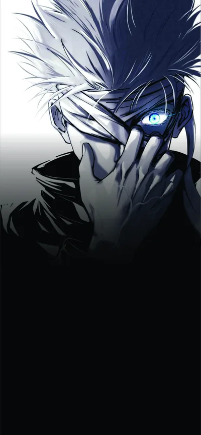 A white-haired swordsman covers half his face with one hand, a single pale blue eye showing through as the lower frame drops to black.