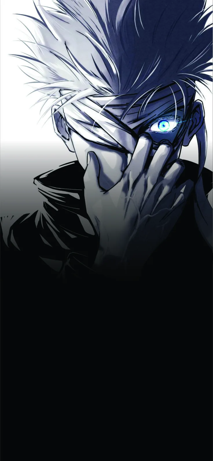 A white-haired swordsman covers half his face with one hand, a single pale blue eye showing through as the lower frame drops to black.
