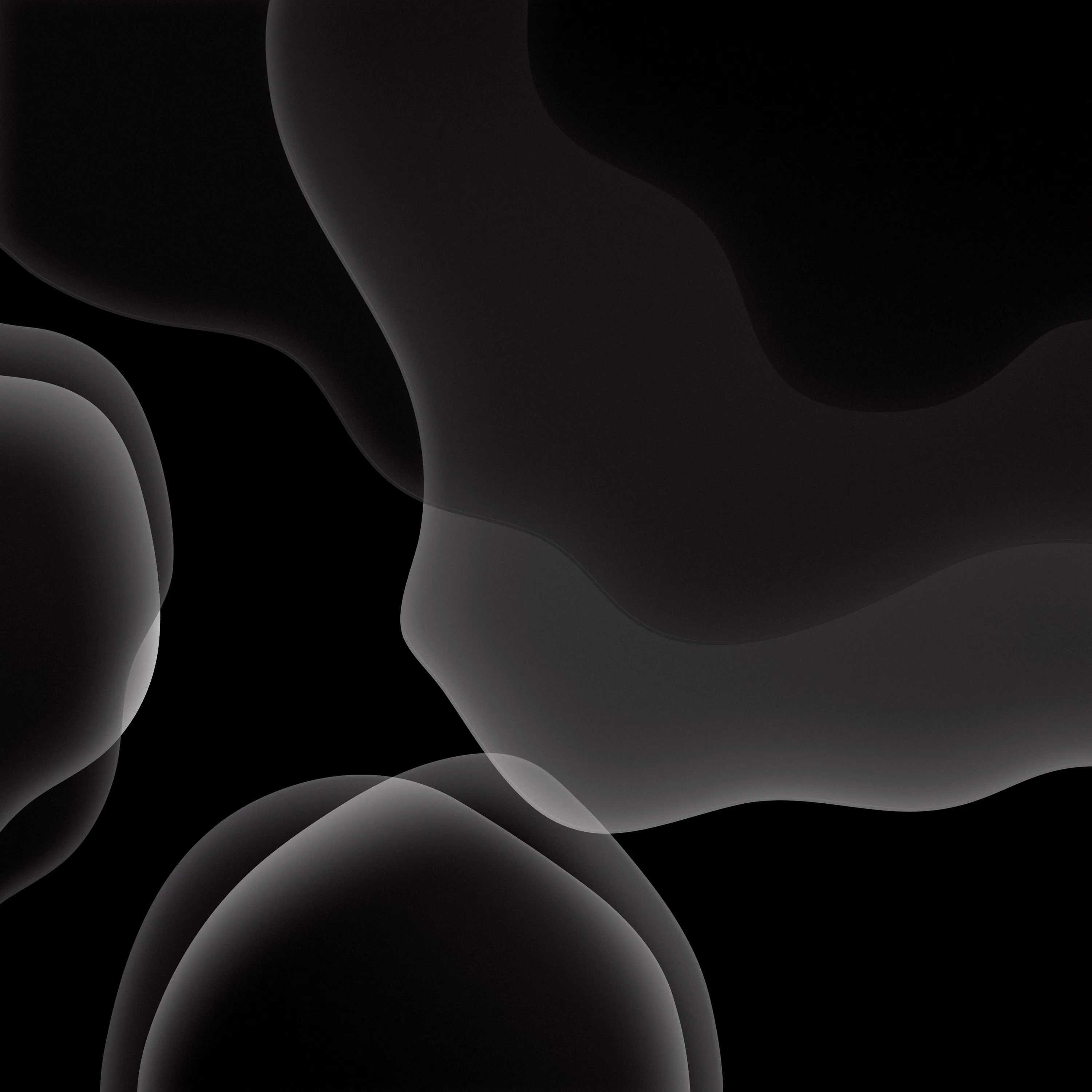 Overlapping translucent shapes drift across a black square, their grey edges catching a little light where two of them cross.