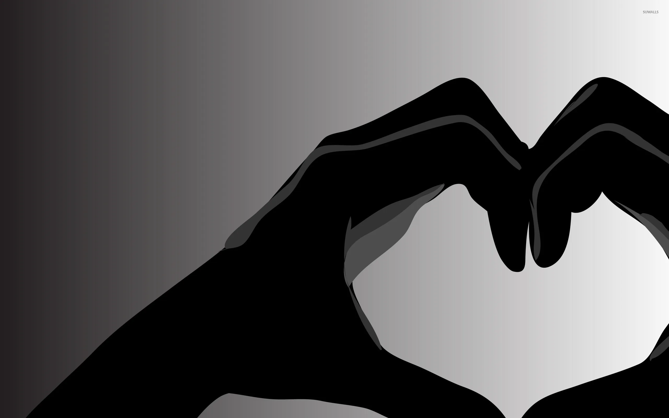 Two hands in flat black silhouette meet to shape a heart, the negative space glowing pale against a soft grey gradient.