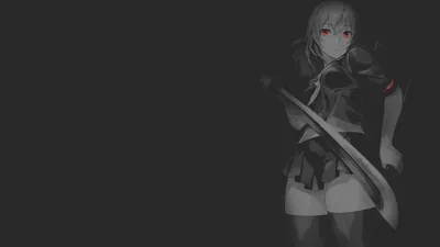 A uniformed girl rests a long curved blade on her shoulder in near-total darkness, only her red eyes reading clearly.