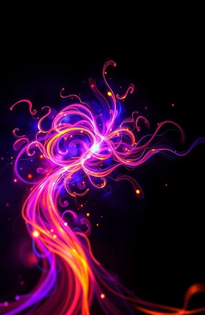 Magenta and orange light ribbons knot together above centre in this tall frame, one stream trailing off the bottom-left, both lower corners staying black.