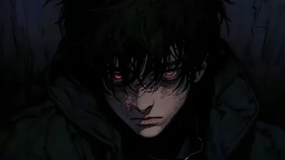 Messy black hair falls over a cracked, scarred face, red eyes lit from below while a wet forest sits blurred and dark behind him.