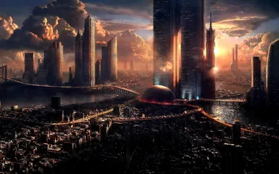 Low sun breaks between monolithic towers and heavy cloud banks, its orange flare landing mid-frame so the darker edges keep desktop icons readable.