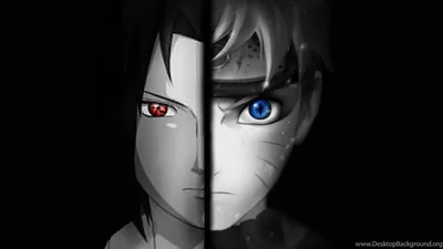 One face split down the middle — Sasuke's red Sharingan on the left half, Naruto's blue eye on the right — set against solid black.