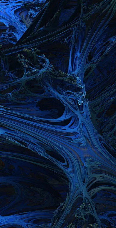 Threads of cobalt fold and branch through a near-black field like liquid caught mid-swirl, densest through the middle of the frame.