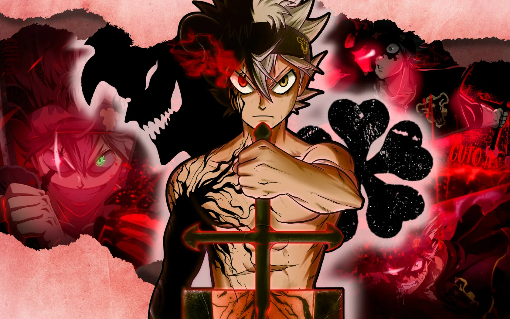 Shirtless Asta plants his sword at centre while red comic-style panels of demons flank him on both sides, black clover shapes tumbling down the right half.
