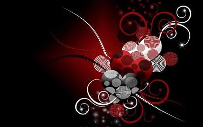 Spirals, dotted circles and swirling white lines build up around a red heart, the background fading from crimson to black.