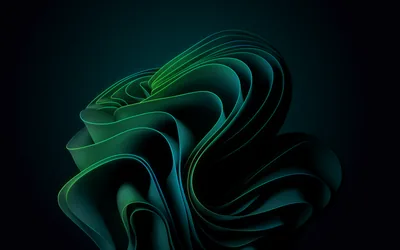 Folded ribbons in deep green and teal coil into a bloom shape on a dark navy ground.