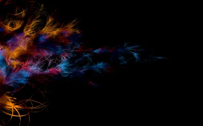 Orange, pink and blue filaments spray out from the left edge like feathers, leaving the right side empty.