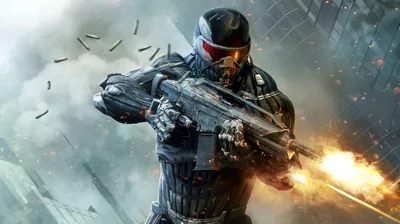 A soldier in a segmented nanosuit fires from the hip, muzzle flare on the right and spent casings tumbling through grey rain.