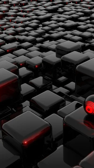 Rows of glossy black cubes stretch back into the dark, a few of them lit from within by hard red light.