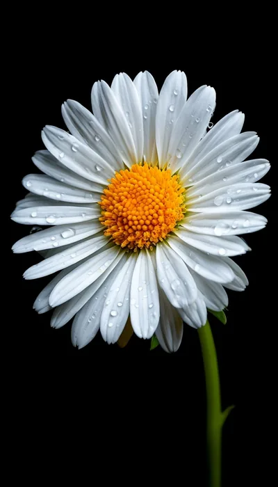 One daisy with a yellow centre faces the camera on black, dew beading along each white petal and the green stem below.