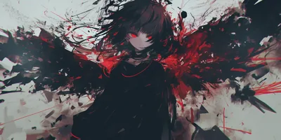 One red eye shows under dark bangs while ink-like shards of black and red explode outward across a pale grey wash.