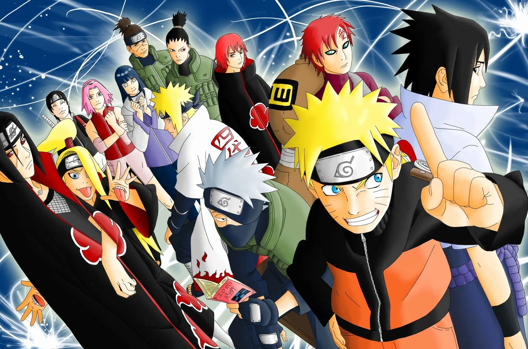 A crowded group shot on a blue radial background, Naruto and Sasuke front and centre with the Akatsuki cloaks grouped along the lower left.