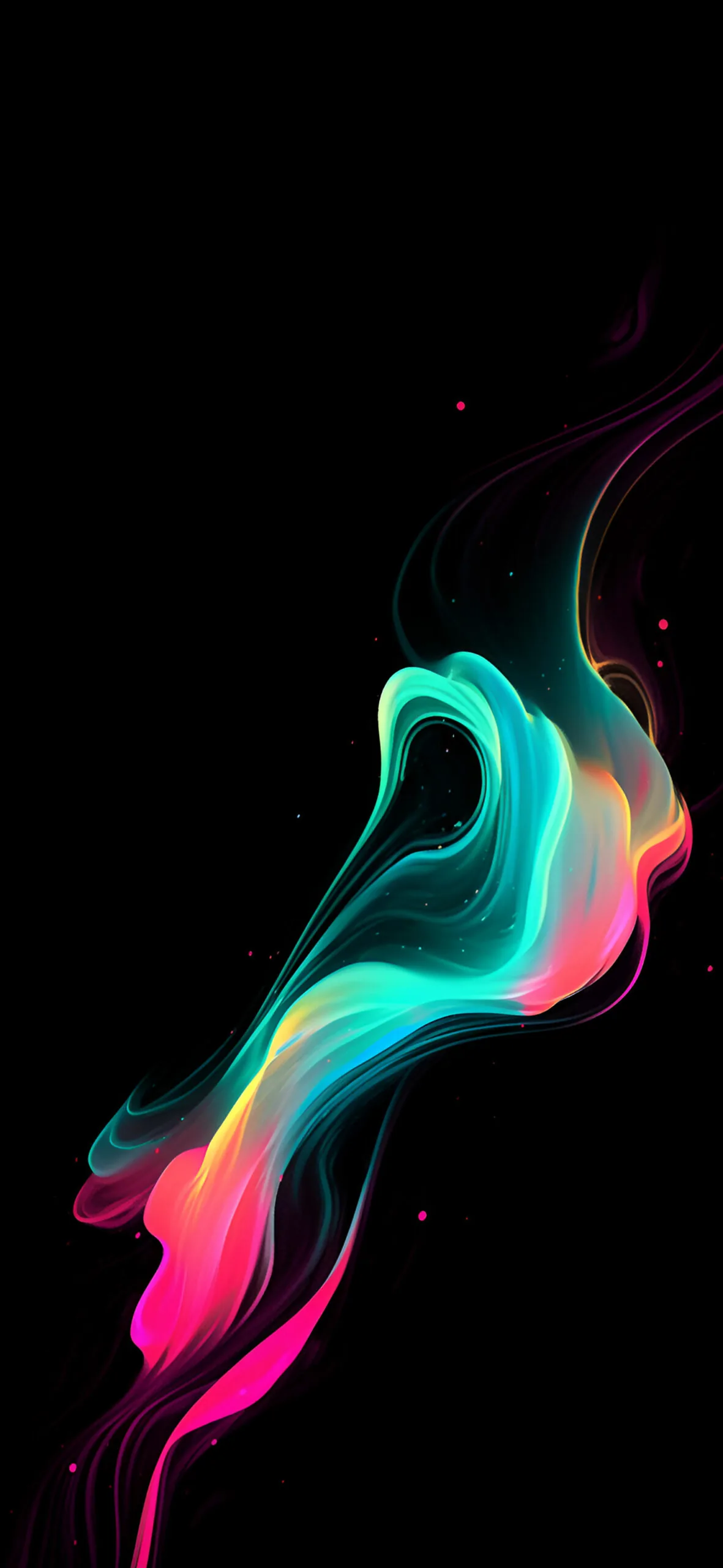 A single ribbon of teal and coral smoke twists up the middle of a black frame, leaving the top third empty.
