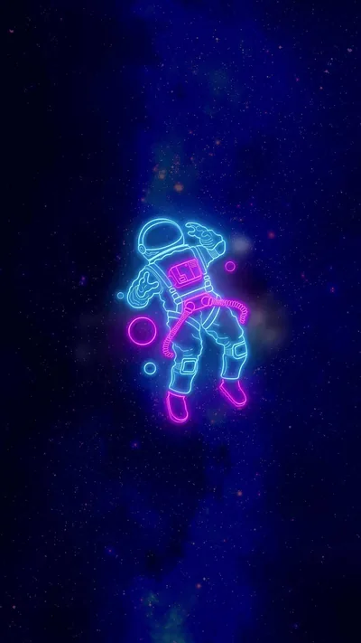 An astronaut drawn in cyan and pink outline floats on a grainy deep-blue star field, small enough in frame that widgets fit above and below.