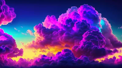 Cumulus clouds lit magenta and violet stack above a band of orange sunset, a strip of teal sky keeping the top left corner cool.
