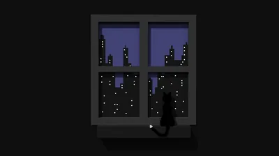 Flat illustration of a cat on a windowsill watching a blue skyline through the panes, the whole left and right of the frame left black.