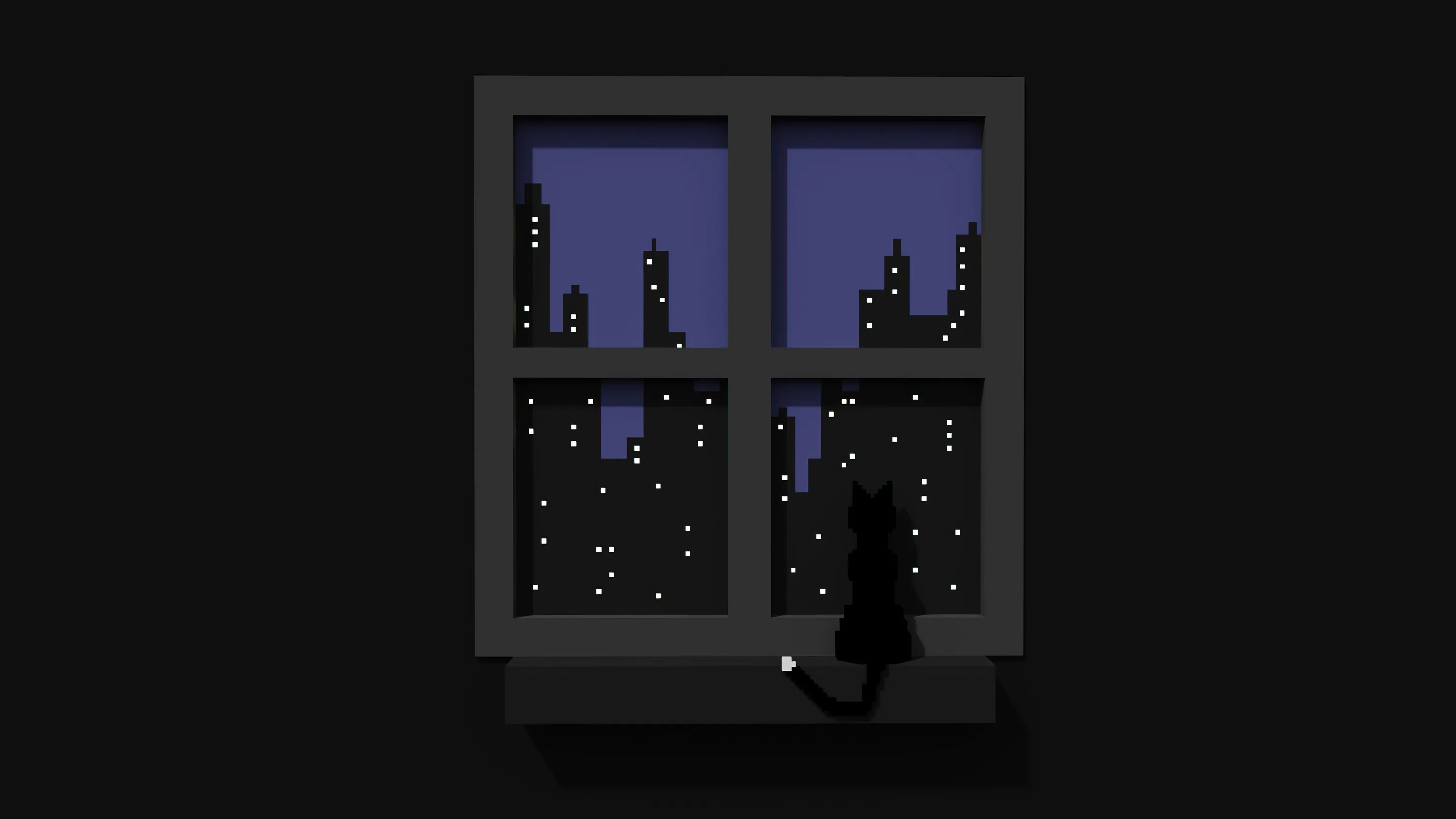 Flat illustration of a cat on a windowsill watching a blue skyline through the panes, the whole left and right of the frame left black.