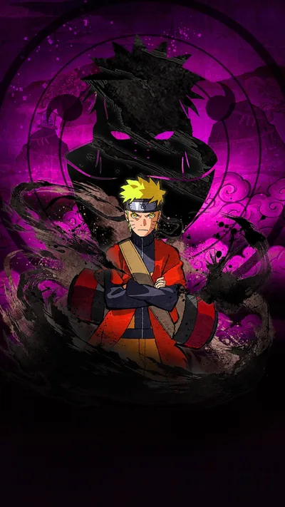 A seated ninja in sage mode sits below a huge dark creature framed by a purple magic circle, smoke curling around the base.