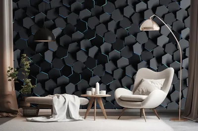 Chunky hexagonal tiles float off the wall with a cold blue backlight in the gaps, a cream armchair and arc lamp on the right.