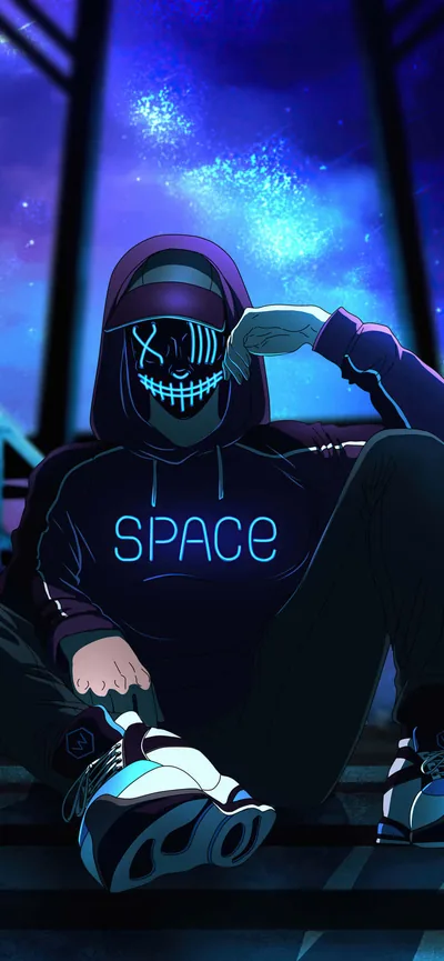 A boy in a hoodie printed with SPACE sits on the ground in a glowing blue LED mask, a purple starfield opening up behind the trees.