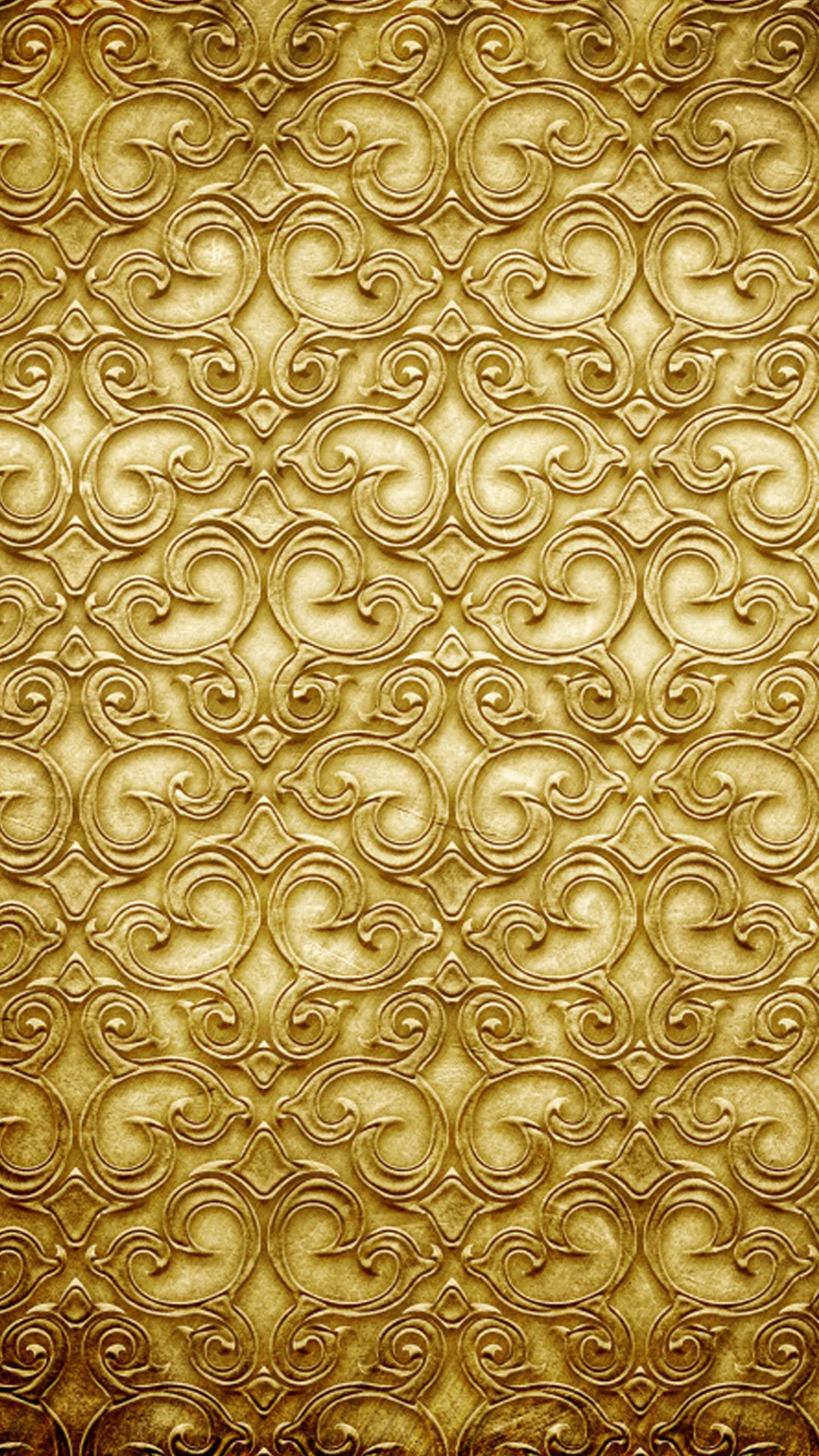 Rows of heart-shaped scrolls pressed into a brassy metal panel, the relief repeating evenly down the phone screen so icons sit cleanly anywhere.