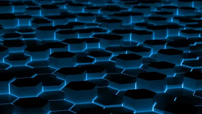 A floor of black hexagon tiles recedes toward the horizon, blue light rising from the seams between them and fading in the distance.