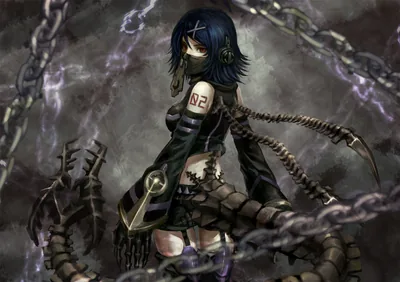 Blue hair, an eyepatch and the number 92 stencilled on her chest, with jointed metal limbs and heavy chains coiling out of the murk around her.