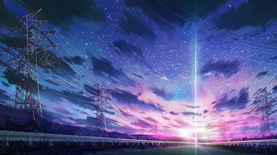 A column of light rises from the horizon between transmission towers, purple clouds and scattered stars filling the upper half of the frame.