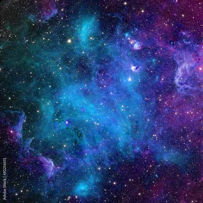 Blue nebula clouds drift through a violet star field in this square space scene, colour thickening toward the middle and thinning at the corners.