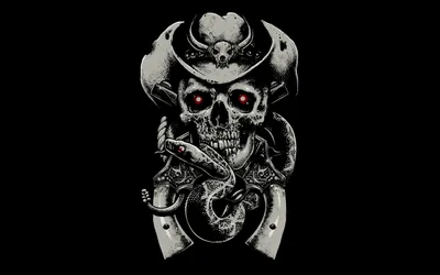 Tattoo-style line art of a skull in a wide brim hat, red eyes glowing, two snakes winding through the jaw and collar.