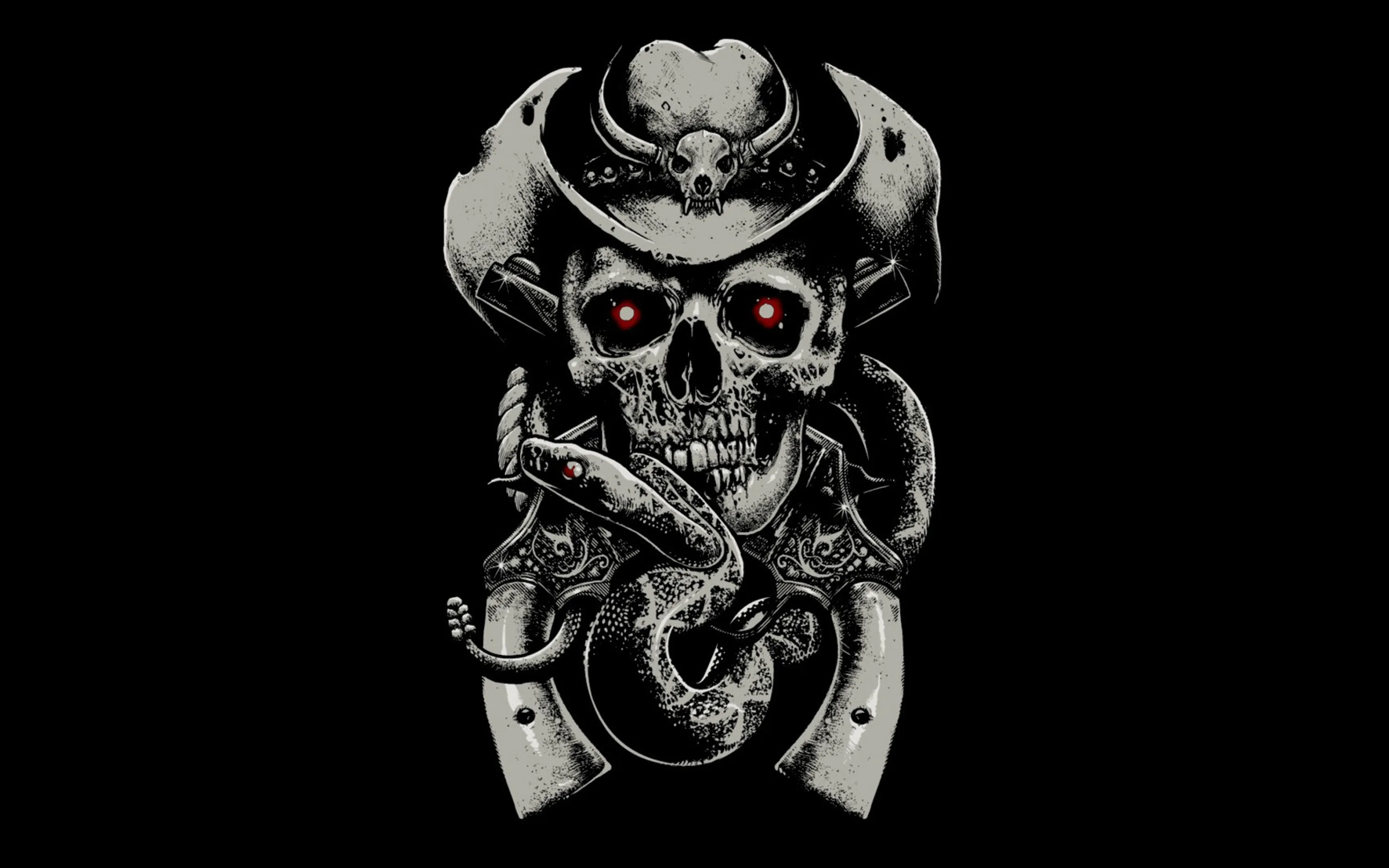 Tattoo-style line art of a skull in a wide brim hat, red eyes glowing, two snakes winding through the jaw and collar.