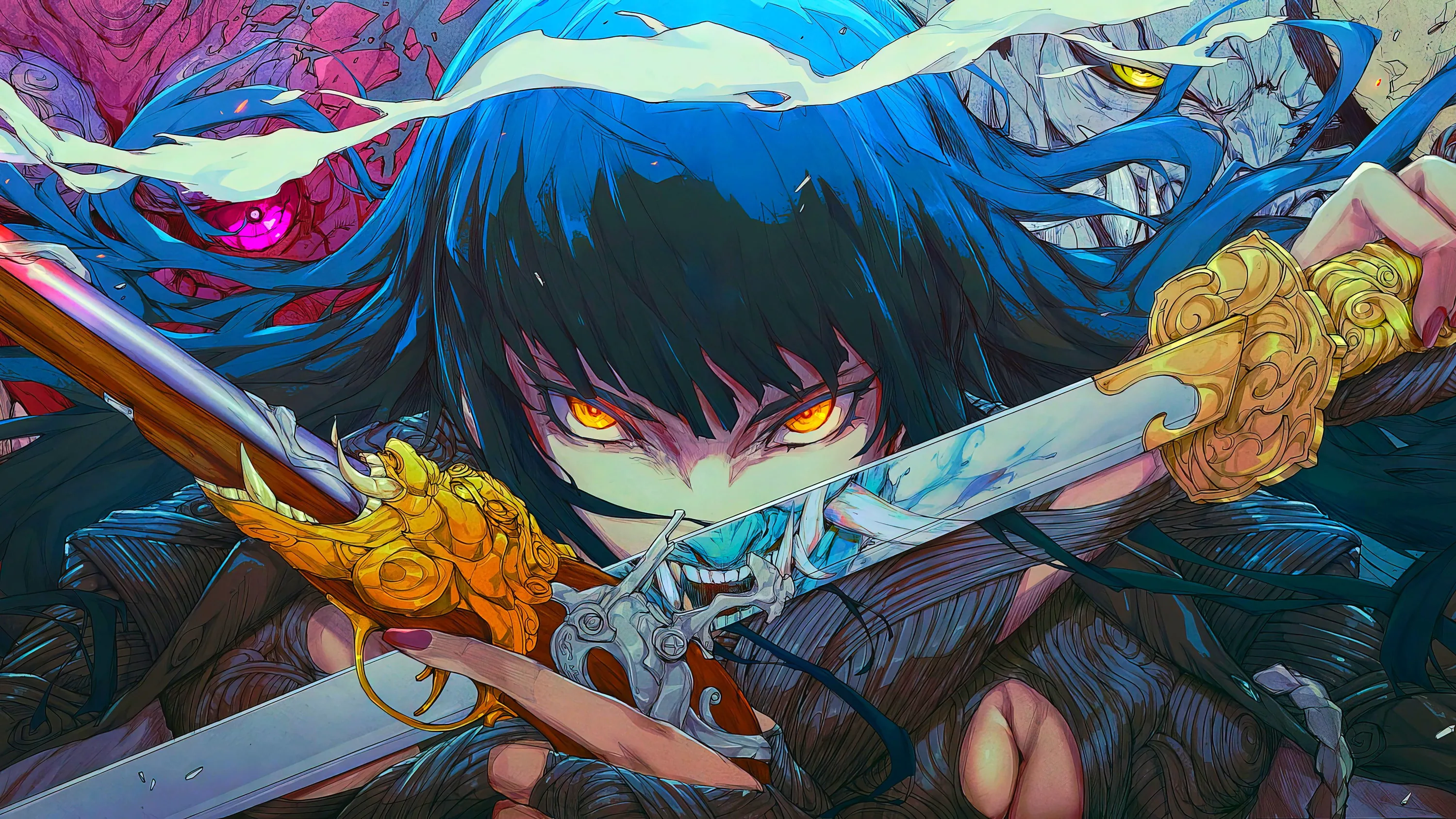 A yellow-eyed swordsman clenches a blade between his teeth with two more in hand, blue hair whipping through a chaos of gold and pink linework.