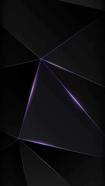 Low-poly facets fold across a tall black frame, thin violet light tracing the seams where two planes meet.