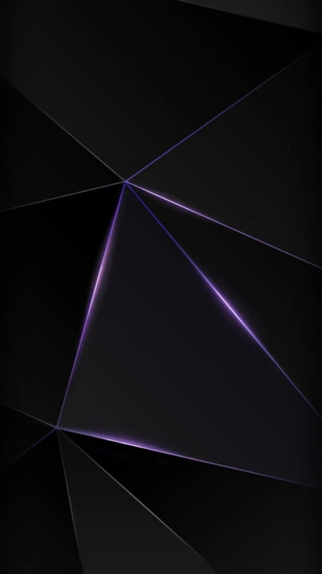 Low-poly facets fold across a tall black frame, thin violet light tracing the seams where two planes meet.