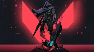 The hooded agent Omen stands wreathed in green smoke, backed by a large red V emblem glowing on a dark wall.