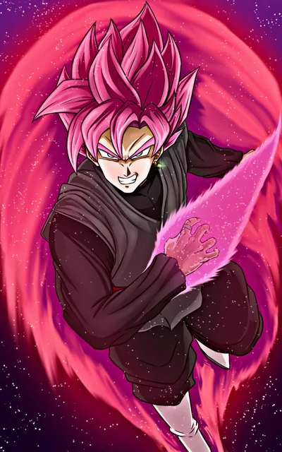He dives headfirst at the viewer clutching a rose energy dagger, a spiral ring of pink aura behind him and starry black holding both top corners.
