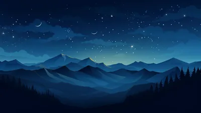Flat layered peaks fade from navy to pale blue beneath a star-scattered sky, dark conifers edging both sides of the valley.