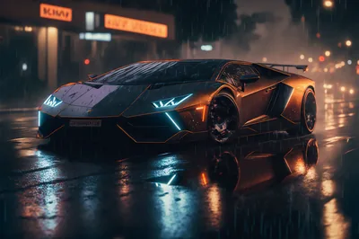 Wet asphalt mirrors the whole car, cyan running lights and orange shop signs bleeding into the puddles around the wide rear tyres.
