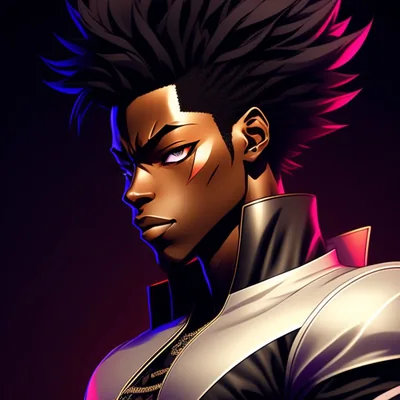A side profile with spiked black hair and a scar over one brow, magenta light tracing his outline and a white leather jacket catching it at the shoulder.