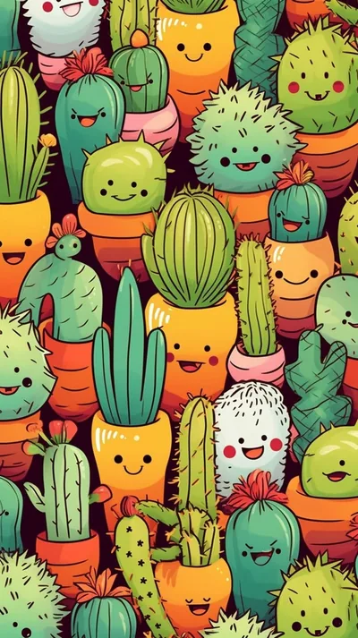 Hand-drawn potted cacti with grinning faces crowd every inch in green and orange on dark plum, a dense repeat with no plain patch for a clock.