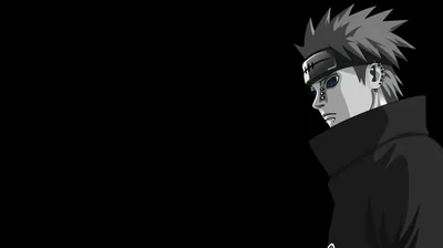 A spiky-haired ninja in a high collar and dark glasses stands at the right, most of the frame left in black.