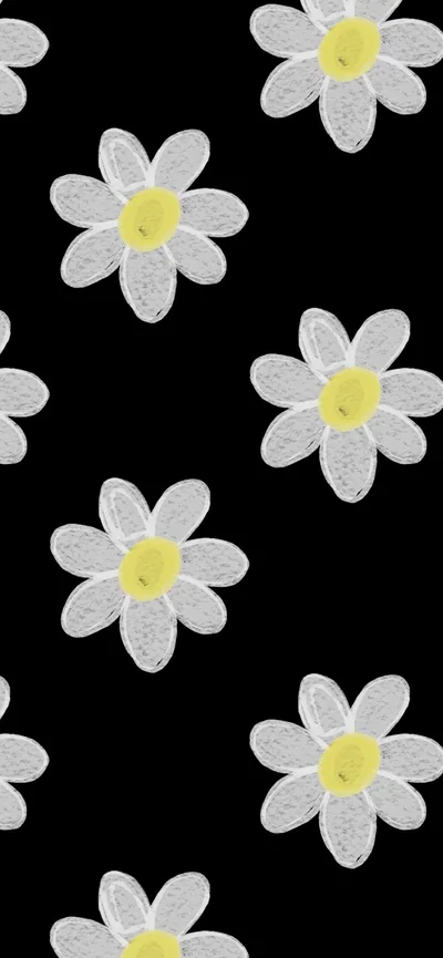 White daisies with yellow centres repeat in a loose grid on solid black, drawn flat like a printed fabric pattern.