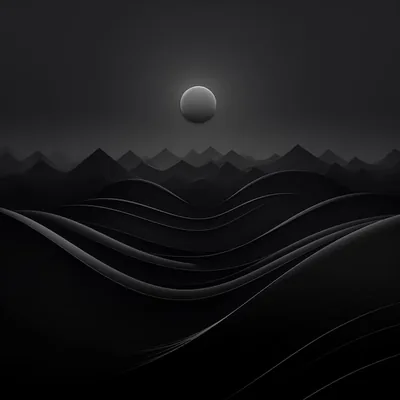 A pale grey disc hangs above a row of low peaks while smooth black dunes roll across the bottom two thirds in soft folds.