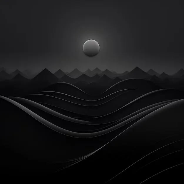 A pale grey disc hangs above a row of low peaks while smooth black dunes roll across the bottom two thirds in soft folds.