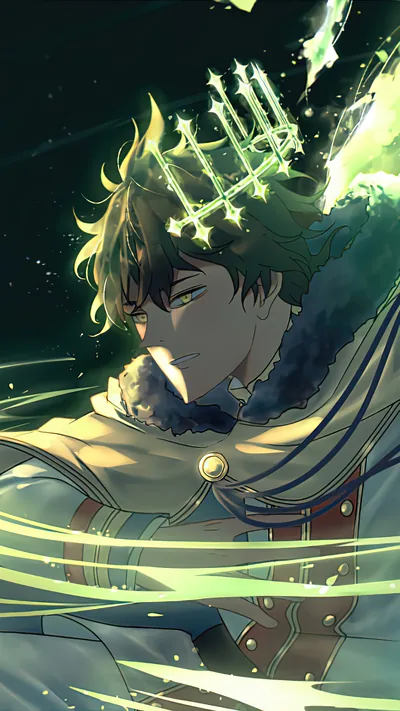 A tall portrait of Yuno wrapped in his fur collar, the wind spirit's green crown hovering overhead, warm gold light rising from the lower half of the frame.