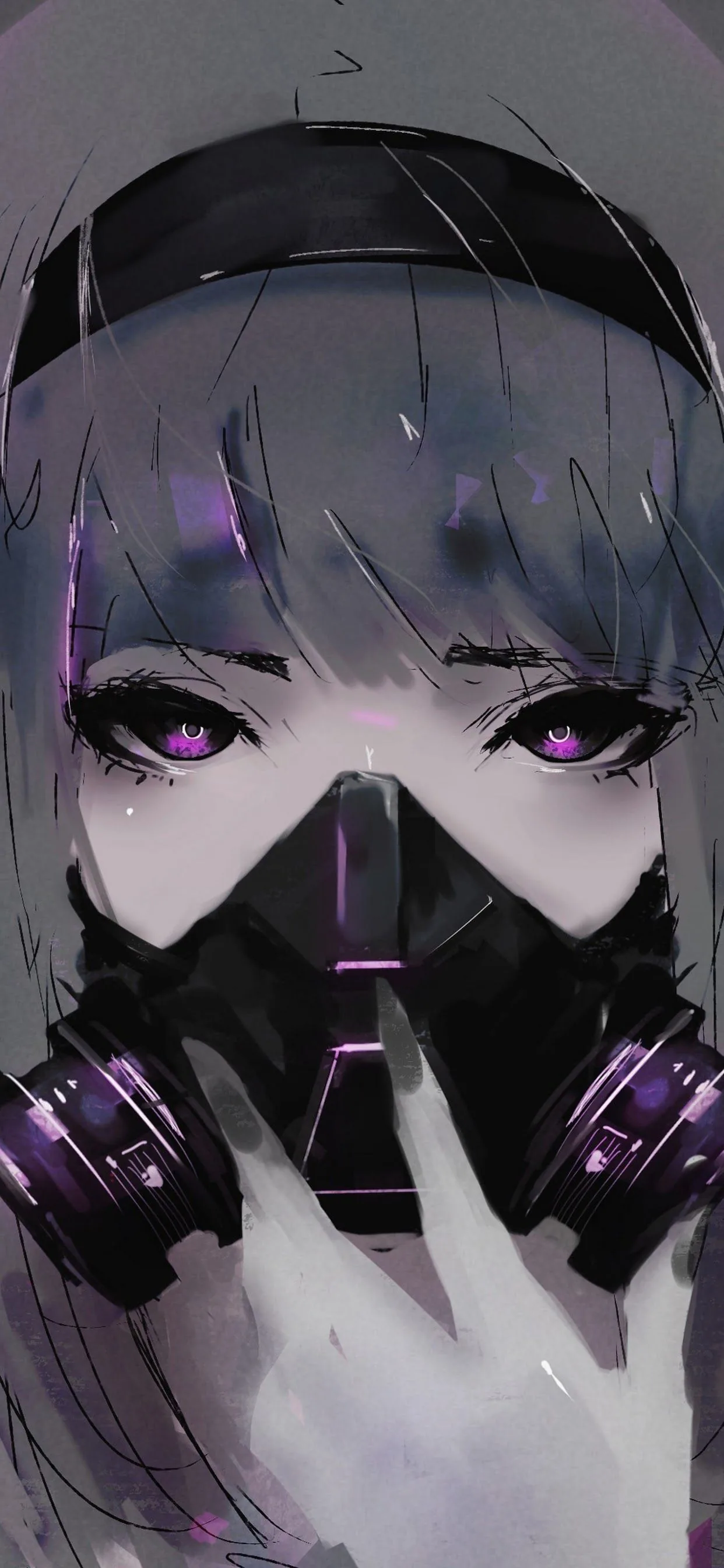 A grey-haired girl raises two fingers beside her gas mask, purple eyes matching the respirator valves, the whole palette muted enough for dark mode.